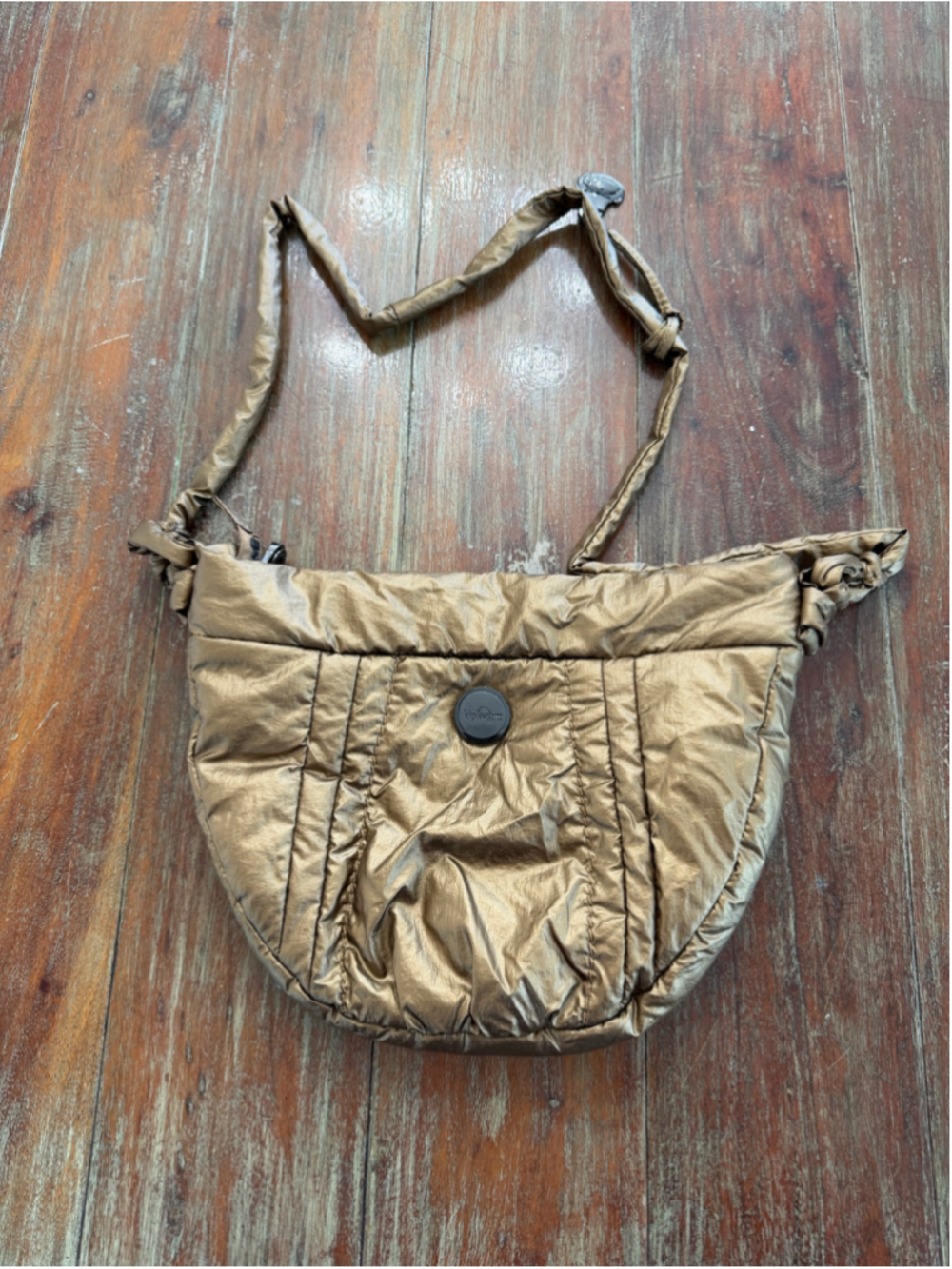 Kipling Metallic Bronze Gold Nylon Puffer Crossbody Bag Knotted Strap Slouchy